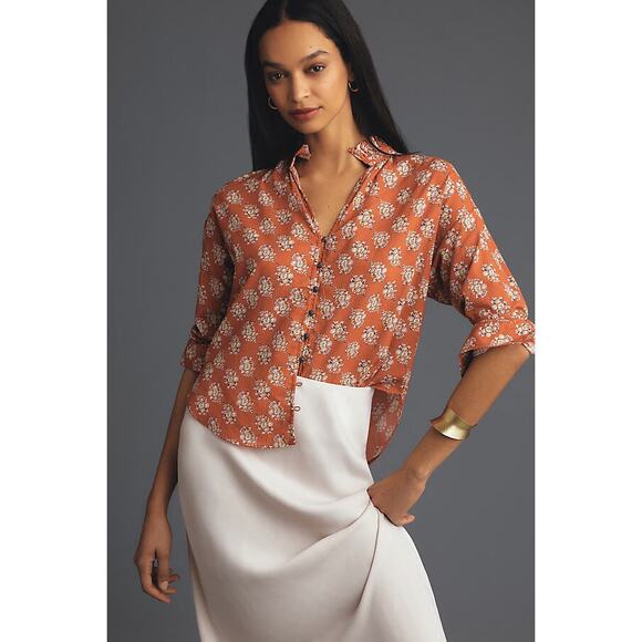 Anthropologie Pilcro Tavi Button Down Floral Orange Bohemian Blouse Size Small - Picture 1 of 7